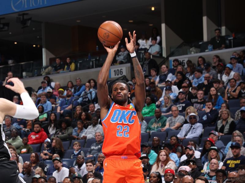 MEMPHIS, TN - MARCH 16: Cason Wallace #22 of the Oklahoma City Thunder  shoots the ball during the game against the Memphis Grizzlies on March 16, 2024 at FedExForum in Memphis, Tennessee. NOTE TO USER: User expressly acknowledges and agrees that, by downloading and or using this photograph, User is consenting to the terms and conditions of the Getty Images License Agreement. Mandatory Copyright Notice: Copyright 2024 NBAE (Photo by Joe Murphy/NBAE via Getty Images)