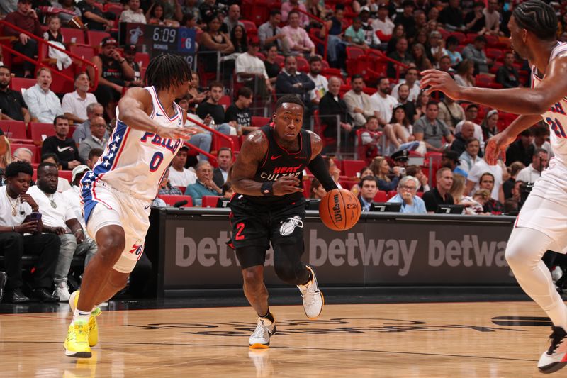 MIAMI, FL - APRIL 4: Terry Rozier #2 of the Miami Heat handles the ball during the game against the Philadelphia 76ers on April 4, 2024 at Kaseya Center in Miami, Florida. NOTE TO USER: User expressly acknowledges and agrees that, by downloading and or using this Photograph, user is consenting to the terms and conditions of the Getty Images License Agreement. Mandatory Copyright Notice: Copyright 2024 NBAE (Photo by Issac Baldizon/NBAE via Getty Images)