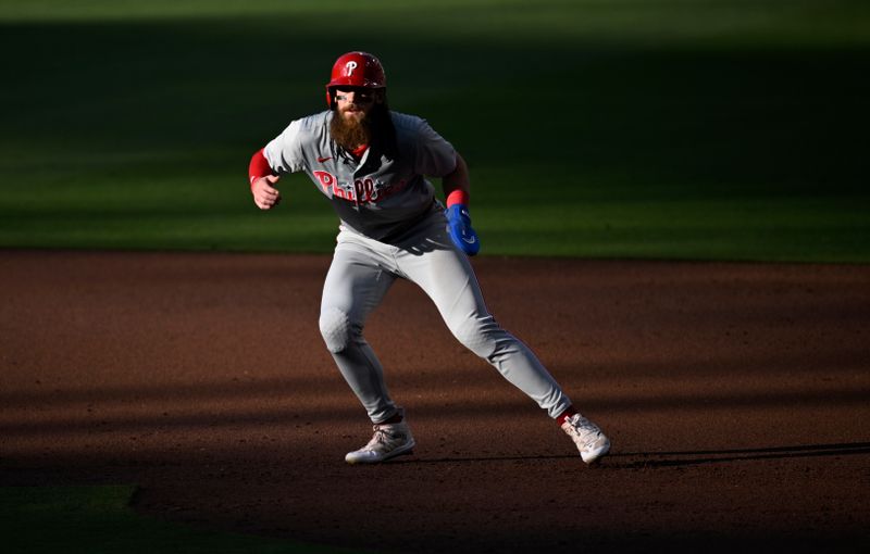 Apr 27, 2024; San Diego, California, USA; Philadelphia Phillies left fielder Brandon Marsh (16) leads off second base during the second inning against the San Diego Padres at Petco Park. Mandatory Credit: Orlando Ramirez-USA TODAY Sports