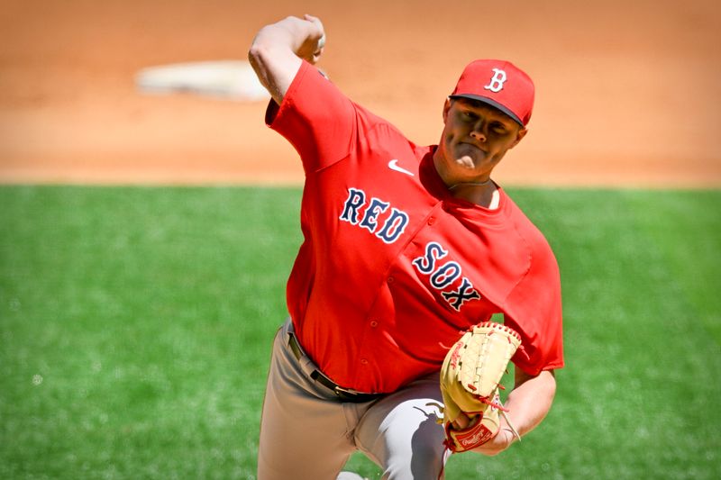 Mar 26, 2024; Arlington, Texas, USA; Boston Red Sox starting pitcher Richard Fitts (80) pitches against the Texas Rangers during the first inning at Globe Life Field. Mandatory Credit: Jerome Miron-USA TODAY Sports