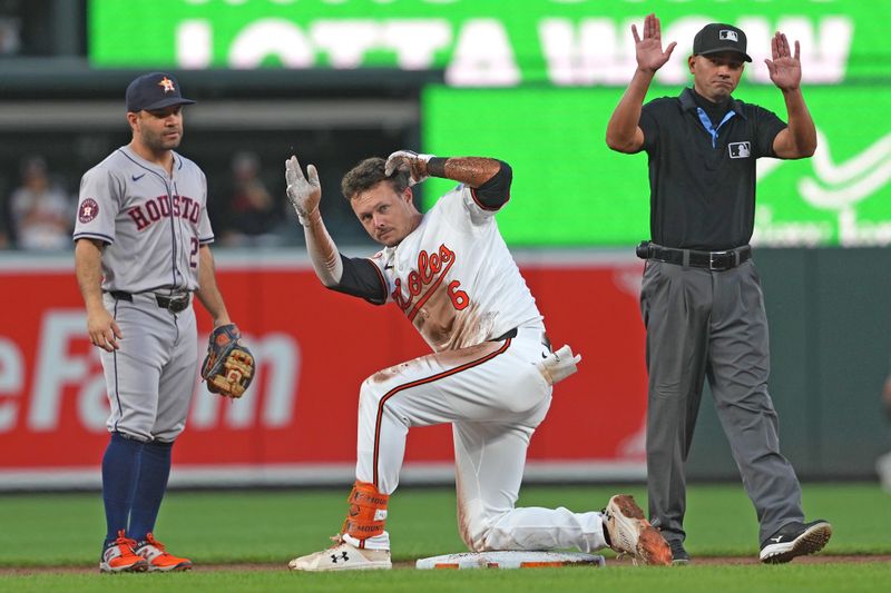 Aug 22, 2024; Baltimore, Maryland, USA; Baltimore Orioles first baseman Ryan Mountcastle (6) reacts during a second inning double against the Houston Astros at Oriole Park at Camden Yards. Mandatory Credit: Mitch Stringer-USA TODAY Sports