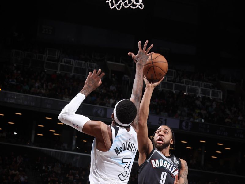 BROOKLYN, NY - APRIL 3: Trendon Watford #9 of the Brooklyn Nets drives to the basket during the game against the Minnesota Timberwolves on April 3, 2025 at Barclays Center in Brooklyn, New York. NOTE TO USER: User expressly acknowledges and agrees that, by downloading and or using this Photograph, user is consenting to the terms and conditions of the Getty Images License Agreement. Mandatory Copyright Notice: Copyright 2025 NBAE (Photo by Nathaniel S. Butler/NBAE via Getty Images)