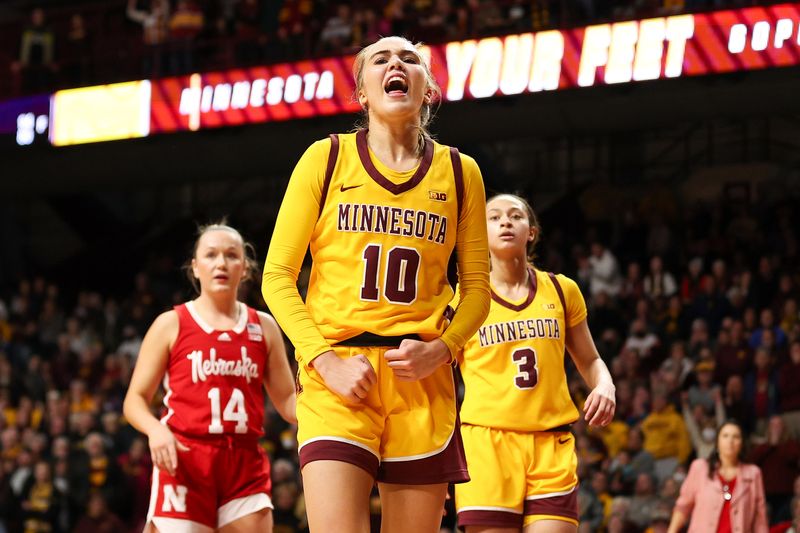 Jan 14, 2024; Minneapolis, Minnesota, USA; Minnesota Golden Gophers guard Mara Braun (10) celebrates during the second half against the Nebraska Cornhuskers at Williams Arena. Mandatory Credit: Matt Krohn-USA TODAY Sports