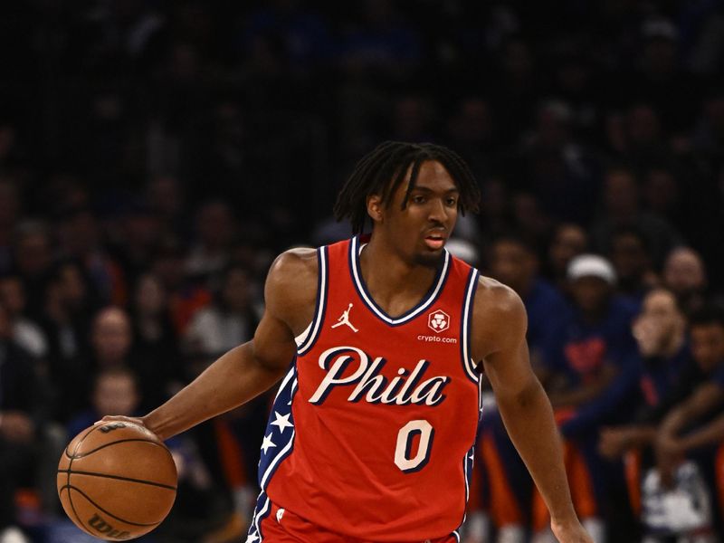 NEW YORK, NY - APRIL 20: Tyrese Maxey #0 of the Philadelphia 76ers drives to the basket during the game against the New York Knicks during Round 1 Game 1 of the 2024 NBA Playoffs on April 20, 2024 at Madison Square Garden in New York City, New York.  NOTE TO USER: User expressly acknowledges and agrees that, by downloading and or using this photograph, User is consenting to the terms and conditions of the Getty Images License Agreement. Mandatory Copyright Notice: Copyright 2024 NBAE  (Photo David Dow/NBAE via Getty Images)