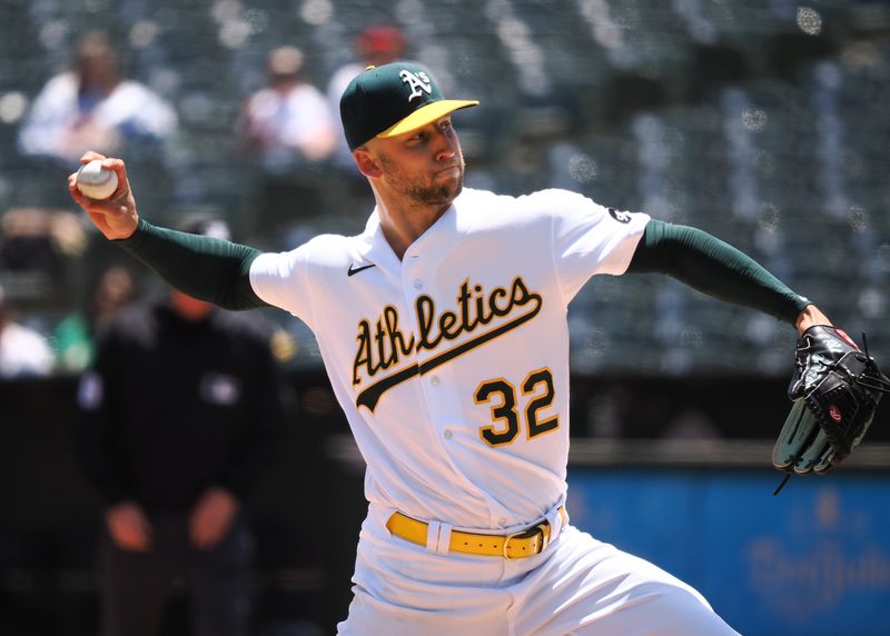 May 31, 2023; Oakland, California, USA; Oakland Athletics starting pitcher James Kaprielian (32) pitches the ball against the Atlanta Braves during the first inning at Oakland-Alameda County Coliseum. Mandatory Credit: Kelley L Cox-USA TODAY Sports