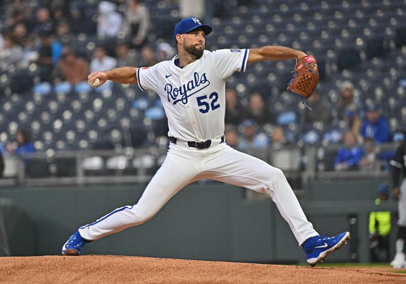 May 7, 2025; Kansas City, Missouri, USA;  Kansas City Royals starting pitcher Michael Wacha (52) throws a pitch in the first inning against the Chicago White Sox at Kauffman Stadium. Mandatory Credit: Peter Aiken-Imagn Images
