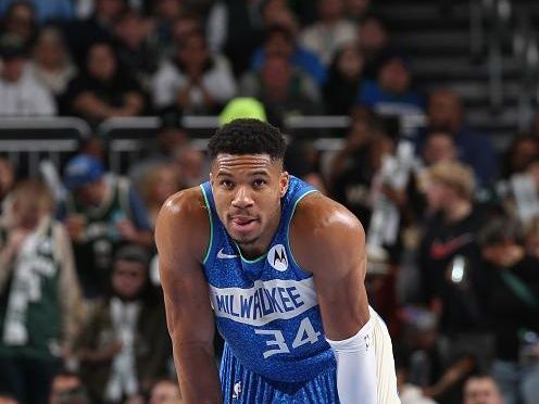 MILWAUKEE, WI - DECEMBER 2: Giannis Antetokounmpo #34 of the Milwaukee Bucks looks on during the game against the Atlanta Hawks on December 2, 2023 at the Fiserv Forum Center in Milwaukee, Wisconsin. NOTE TO USER: User expressly acknowledges and agrees that, by downloading and or using this Photograph, user is consenting to the terms and conditions of the Getty Images License Agreement. Mandatory Copyright Notice: Copyright 2023 NBAE (Photo by Gary Dineen/NBAE via Getty Images).