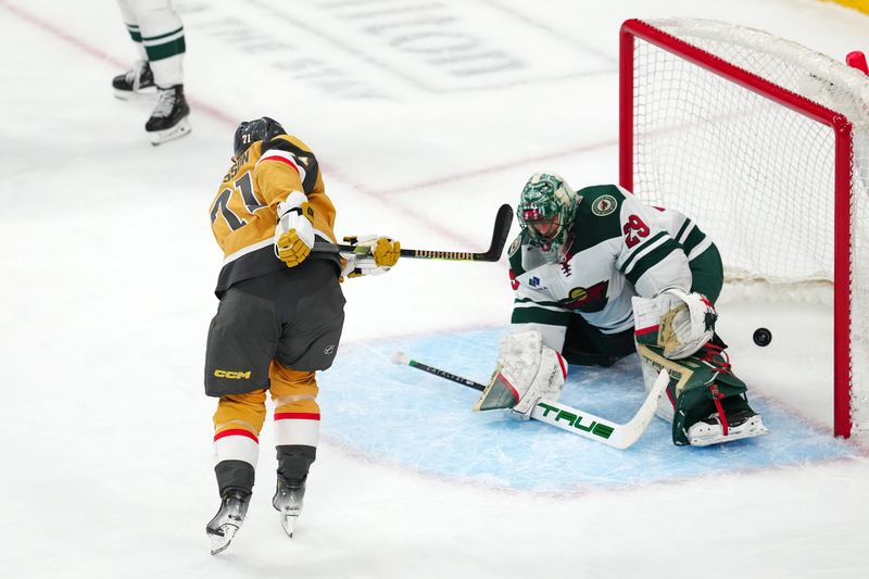 Apr 12, 2024; Las Vegas, Nevada, USA; Vegas Golden Knights center William Karlsson (71) scores a goal against Minnesota Wild goaltender Marc-Andre Fleury (29) during the third period at T-Mobile Arena. Mandatory Credit: Stephen R. Sylvanie-USA TODAY Sports