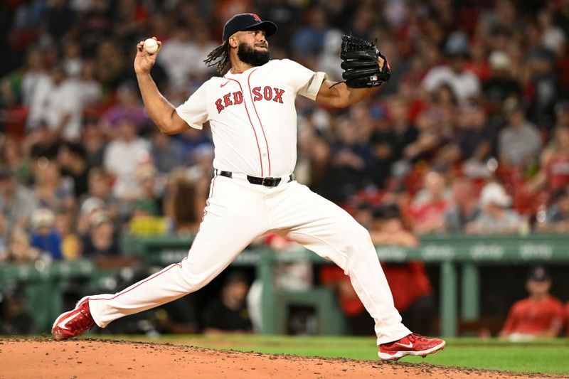 Aug 27, 2024; Boston, Massachusetts, USA; Boston Red Sox relief pitcher Kenley Jansen (74) pitches against the Toronto Blue Jays during the ninth inning at Fenway Park. Mandatory Credit: Brian Fluharty-USA TODAY Sports