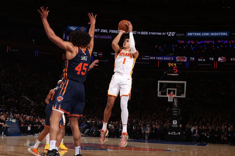 NEW YORK, NY - MARCH 5:  Jalen Johnson #1 of the Atlanta Hawks shoots the ball during the game against the New York Knicks on March 5, 2024 at Madison Square Garden in New York City, New York.  NOTE TO USER: User expressly acknowledges and agrees that, by downloading and or using this photograph, User is consenting to the terms and conditions of the Getty Images License Agreement. Mandatory Copyright Notice: Copyright 2024 NBAE  (Photo by Nathaniel S. Butler/NBAE via Getty Images)