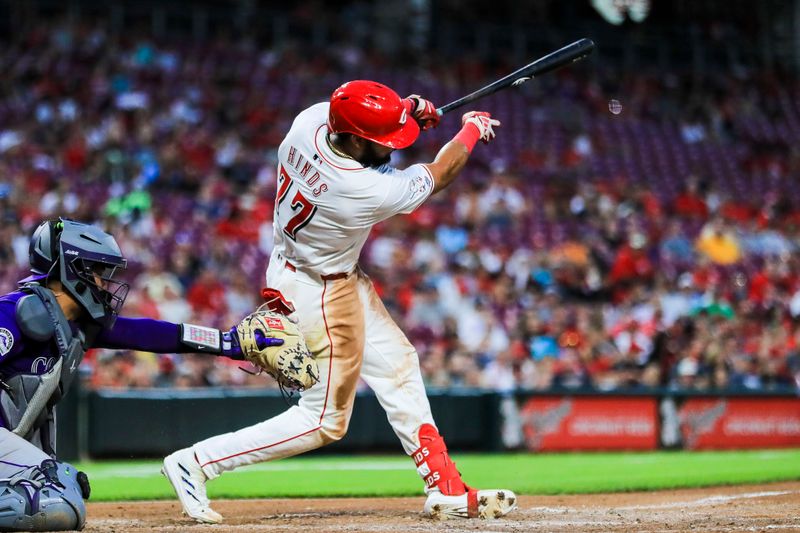 Jul 8, 2024; Cincinnati, Ohio, USA; Cincinnati Reds outfielder Rece Hinds (77) hits a solo home run in the eighth inning against the Colorado Rockies at Great American Ball Park. Mandatory Credit: Katie Stratman-USA TODAY Sports