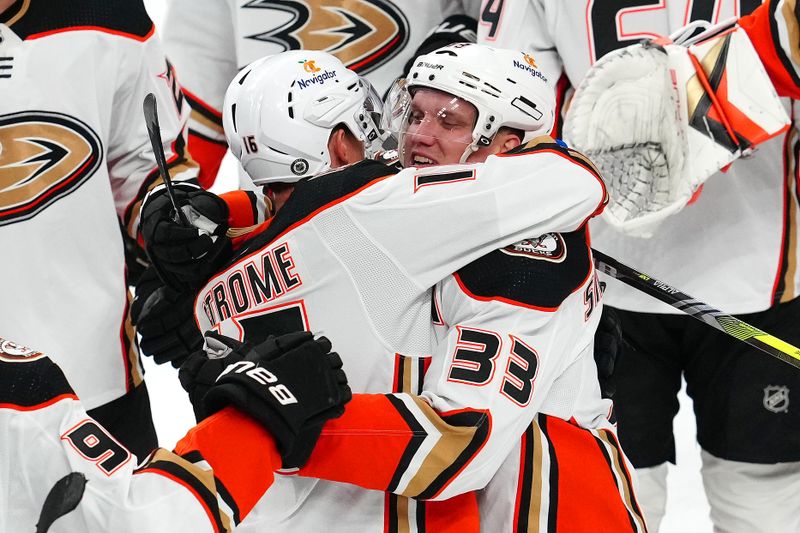 Apr 18, 2024; Las Vegas, Nevada, USA; Anaheim Ducks right wing Jakob Silfverberg (33) embraces center Ryan Strome (16) after defeating the Vegas Golden Knights in the final game of his professional career at T-Mobile Arena. Mandatory Credit: Stephen R. Sylvanie-USA TODAY Sports