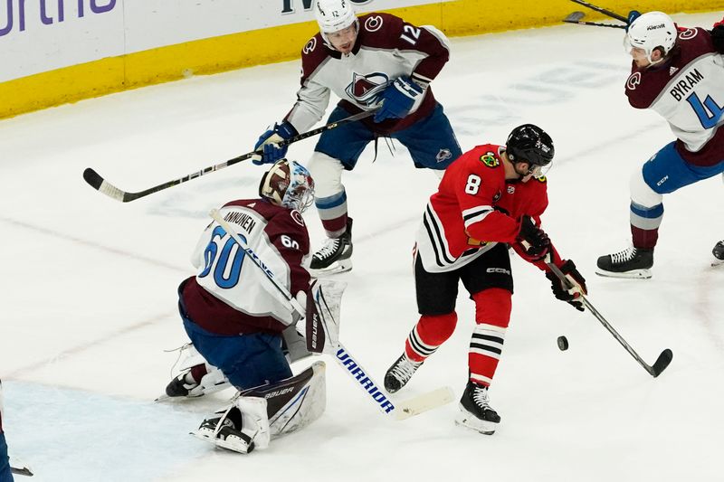 Feb 29, 2024; Chicago, Illinois, USA; Chicago Blackhawks center Ryan Donato (8) shoots the puck at Colorado Avalanche goaltender Justus Annunen (60) during the first period at United Center. Mandatory Credit: David Banks-USA TODAY Sports