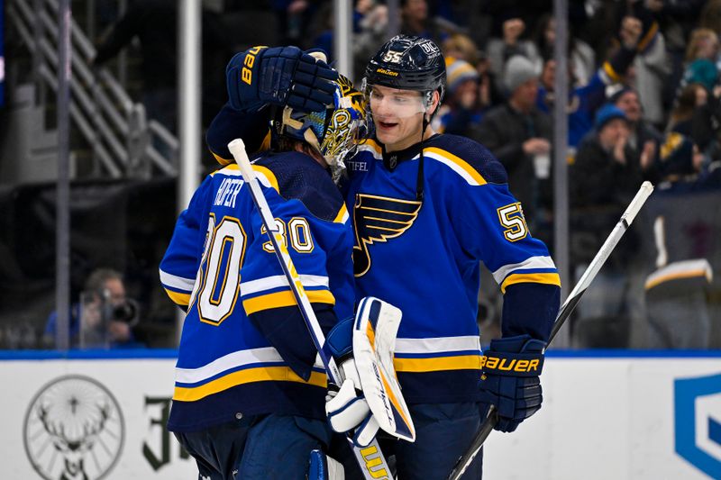 Dec 27, 2023; St. Louis, Missouri, USA;  St. Louis Blues defenseman Colton Parayko (55) celebrates with goaltender Joel Hofer (30) after the Blues defeated the Dallas Stars at Enterprise Center. Mandatory Credit: Jeff Curry-USA TODAY Sports