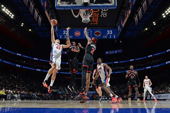 DETROIT, MI - DECEMBER 30: Bojan Bogdanovic #44 of the Detroit Pistons shoots the ball during the game against the Toronto Raptors on December 30, 2023 at Little Caesars Arena in Detroit, Michigan. NOTE TO USER: User expressly acknowledges and agrees that, by downloading and/or using this photograph, User is consenting to the terms and conditions of the Getty Images License Agreement. Mandatory Copyright Notice: Copyright 2023 NBAE (Photo by Chris Schwegler/NBAE via Getty Images)