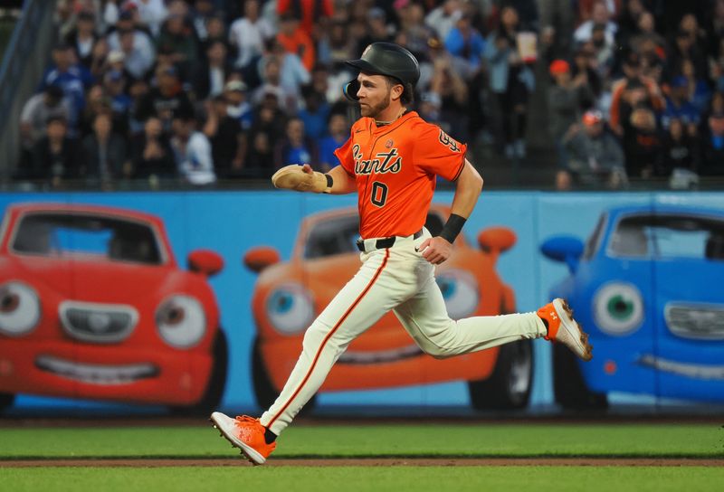 Jun 28, 2024; San Francisco, California, USA; San Francisco Giants second baseman Brett Wisely (0) runs for third base against the Los Angeles Dodgers during the fifth inning at Oracle Park. Mandatory Credit: Kelley L Cox-USA TODAY Sports