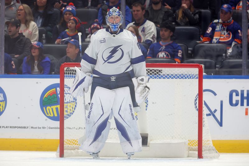 Dec 2, 2025; Elmont, New York, USA; Tampa Bay Lightning goaltender Andrei Vasilevskiy (88) reacts during the third period against the New York Islanders at UBS Arena. Mandatory Credit: Brad Penner-Imagn Images