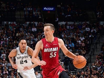 SAN ANTONIO, TX - NOVEMBER 12: Duncan Robinson #55 of the Miami Heat dribbles the ball during the game against the San Antonio Spurs on November 12, 2023 at the Frost Bank Center in San Antonio, Texas. NOTE TO USER: User expressly acknowledges and agrees that, by downloading and or using this photograph, user is consenting to the terms and conditions of the Getty Images License Agreement. Mandatory Copyright Notice: Copyright 2023 NBAE (Photos by Michael Gonzales/NBAE via Getty Images)