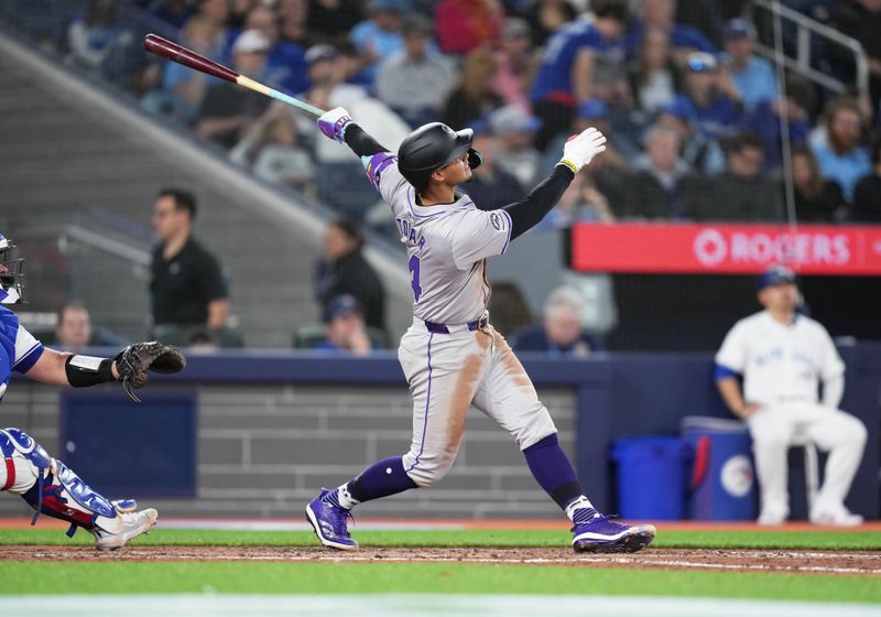 Apr 12, 2024; Toronto, Ontario, CAN; Colorado Rockies shortstop Ezequiel Tovar (14) hits a home run against the Toronto Blue Jays during the sixth inning at Rogers Centre. Mandatory Credit: Nick Turchiaro-USA TODAY Sports