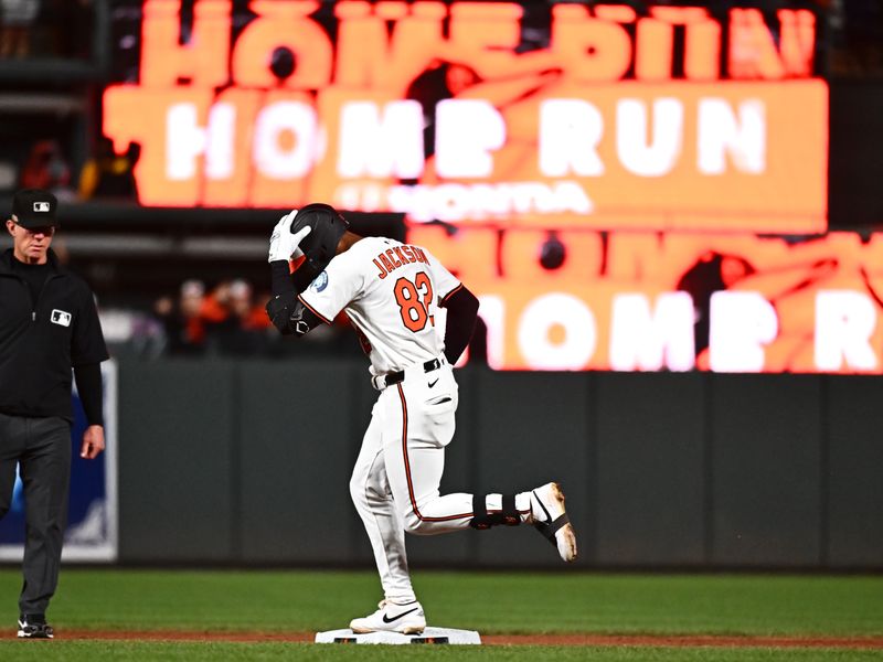 Sep 9, 2025; Baltimore, Maryland, USA;  Baltimore Orioles outfielder Jeremiah Jackson (82) rounds the bases on a solo home run during the sixth inning against the Pittsburgh Pirates at Oriole Park at Camden Yards. Mandatory Credit: James A. Pittman-Imagn Images