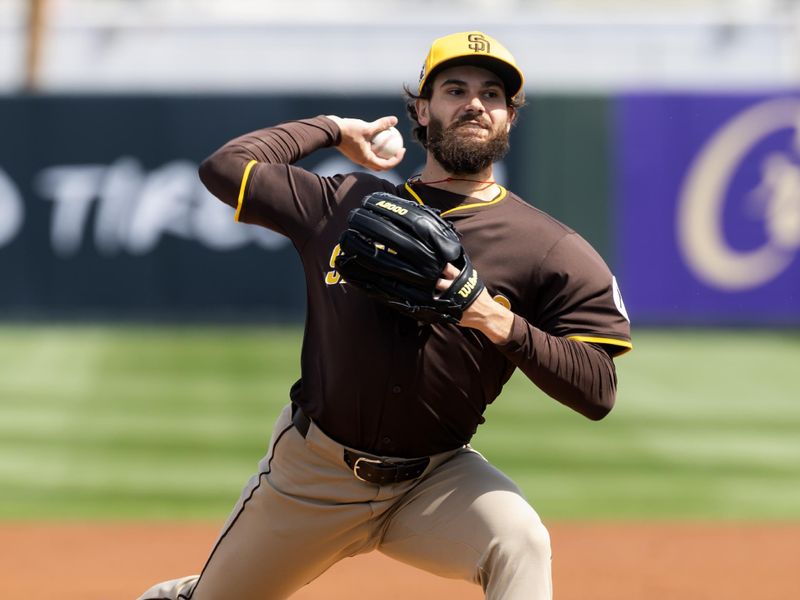 Mar 16, 2025; Tempe, Arizona, USA; San Diego Padres pitcher Dylan Cease against the Los Angeles Angels during a spring training game at Tempe Diablo Stadium. Mandatory Credit: Mark J. Rebilas-Imagn Images