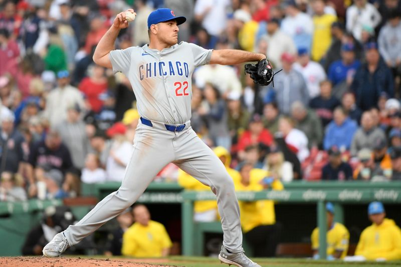 Apr 27, 2024; Boston, Massachusetts, USA; Chicago Cubs designated hitter Matt Mervis (22) pitches during the eighth inning against the Boston Red Sox at Fenway Park. Mandatory Credit: Bob DeChiara-USA TODAY Sports