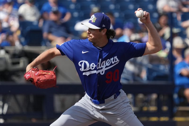 Mar 9, 2026; Phoenix, Arizona, USA; Los Angeles Dodgers pitcher Lucas Wepf (90) throws against the Milwaukee Brewers in the third inning at American Family Fields of Phoenix. Mandatory Credit: Rick Scuteri-Imagn Images