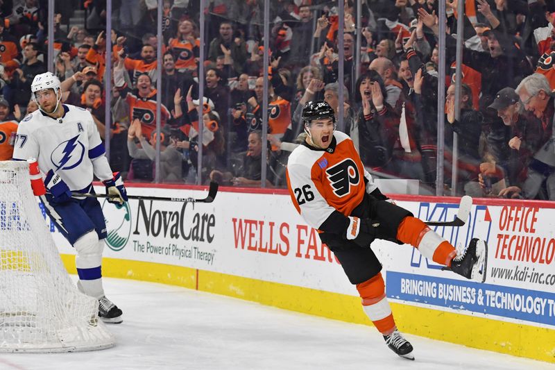 Feb 27, 2024; Philadelphia, Pennsylvania, USA; Philadelphia Flyers defenseman Sean Walker (26) celebrates his goal against the Tampa Bay Lightning during the third period at Wells Fargo Center. Mandatory Credit: Eric Hartline-USA TODAY Sports