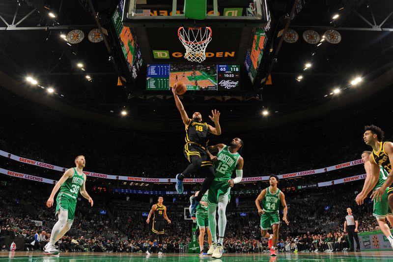 BOSTON, MA - MARCH 3: Jerome Robinson #18 of the Golden State Warriors drives to the basket during the game against the Boston Celtics on March 3, 2024 at the TD Garden in Boston, Massachusetts. NOTE TO USER: User expressly acknowledges and agrees that, by downloading and or using this photograph, User is consenting to the terms and conditions of the Getty Images License Agreement. Mandatory Copyright Notice: Copyright 2024 NBAE  (Photo by Brian Babineau/NBAE via Getty Images)