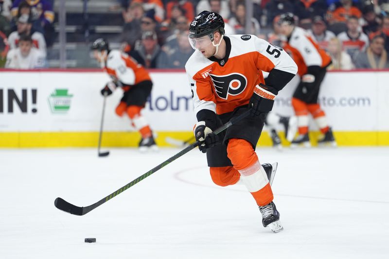 Jan 31, 2026; Philadelphia, Pennsylvania, USA; Philadelphia Flyers defenseman Rasmus Ristolainen (55) controls the puck against the Los Angeles Kings in the third period at Xfinity Mobile Arena. Mandatory Credit: Kyle Ross-Imagn Images
