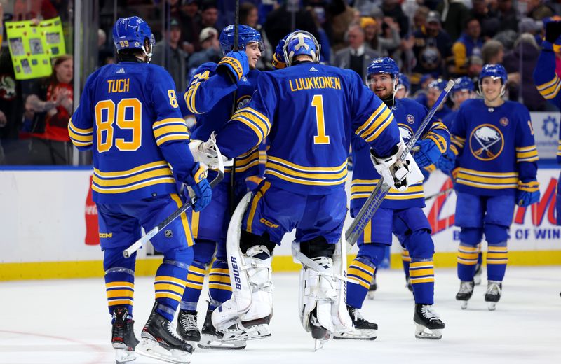 Mar 9, 2024; Buffalo, New York, USA;  Buffalo Sabres goaltender Ukko-Pekka Luukkonen (1) celebrates his shootout win against the Edmonton Oilers at KeyBank Center. Mandatory Credit: Timothy T. Ludwig-USA TODAY Sports