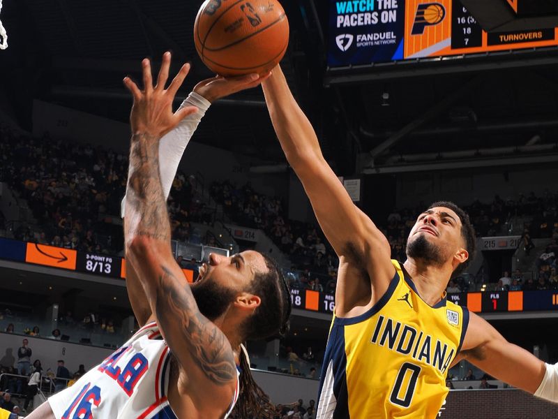 INDIANAPOLIS, IN - OCTOBER 27: Tyrese Haliburton #0 of the Indiana Pacers block during the game against the Philadelphia 76ers on October 27, 2024 at Gainbridge Fieldhouse in Indianapolis, Indiana. NOTE TO USER: User expressly acknowledges and agrees that, by downloading and or using this Photograph, user is consenting to the terms and conditions of the Getty Images License Agreement. Mandatory Copyright Notice: Copyright 2024 NBAE (Photo by Ron Hoskins/NBAE via Getty Images)