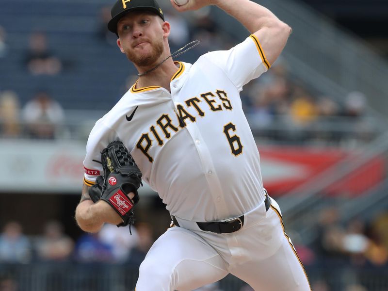 May 25, 2025; Pittsburgh, Pennsylvania, USA;  Pittsburgh Pirates starting pitcher Bailey Falter (6) delivers a pitch against the Milwaukee Brewers during the first inning at PNC Park. Mandatory Credit: Charles LeClaire-Imagn Images