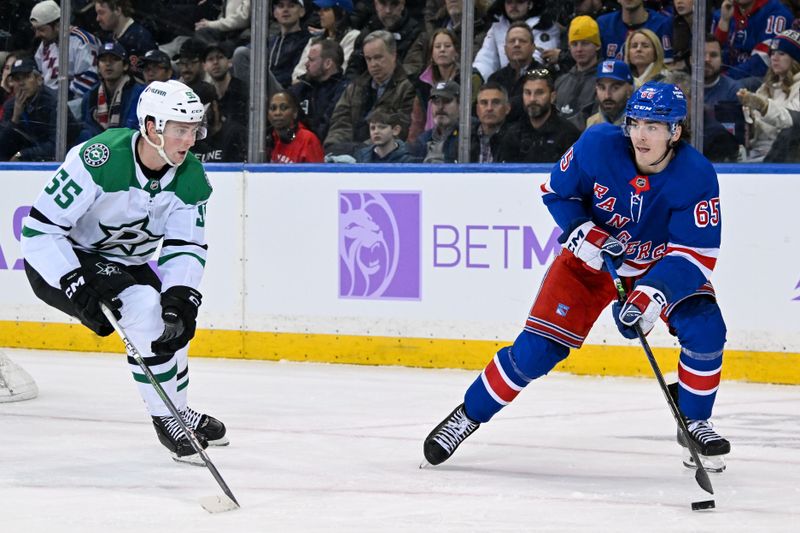 Jan 7, 2025; New York, New York, USA;  New York Rangers left wing Brett Berard (65) looks for a pass defended by Dallas Stars defenseman Thomas Harley (55) during the third period at Madison Square Garden. Mandatory Credit: Dennis Schneidler-Imagn Images