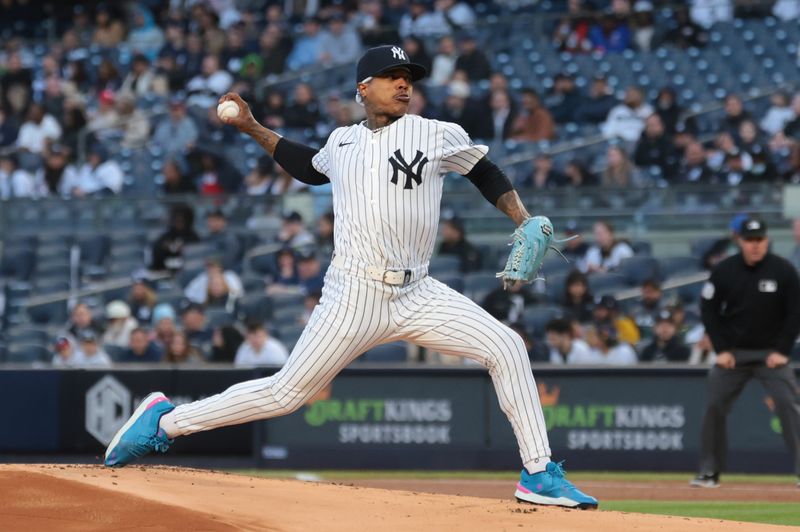 Apr 23, 2024; Bronx, New York, USA; New York Yankees pitcher Marcus Stroman (0) delivers a pitch during the first inning against the Oakland Athletics at Yankee Stadium. Mandatory Credit: Vincent Carchietta-USA TODAY Sports