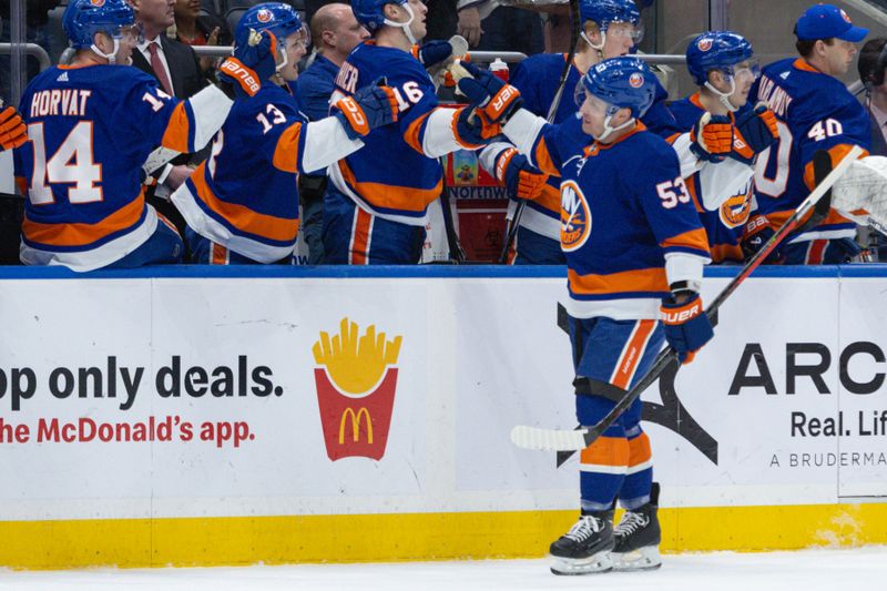 Dec 11, 2023; Elmont, New York, USA; New York Islanders center Casey Cizikas (53) celebrates his goal against the Toronto Maple Leafs during the first period at UBS Arena. Mandatory Credit: Thomas Salus-USA TODAY Sports