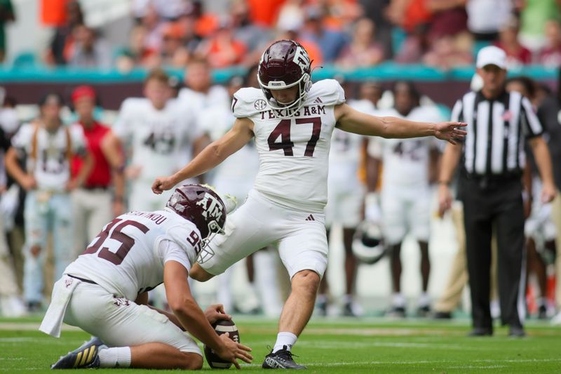 Sep 9, 2023; Miami Gardens, Florida, USA; Texas A&M Aggies place kicker Randy Bond (47) kicks a field goal against the Miami Hurricanes during the first quarter at Hard Rock Stadium. Mandatory Credit: Sam Navarro-USA TODAY Sports