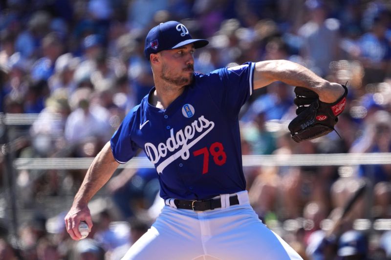 Mar 9, 2024; Phoenix, Arizona, USA; Los Angeles Dodgers starting pitcher Michael Grove (78) pitches against the Texas Rangers during the first inning at Camelback Ranch-Glendale. Mandatory Credit: Joe Camporeale-USA TODAY Sports