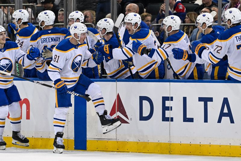 Nov 7, 2024; New York, New York, USA;  Buffalo Sabres center Sam Lafferty (81) celebrates his goal with the bench against the New York Rangers during the second period at Madison Square Garden. Mandatory Credit: Dennis Schneidler-Imagn Images