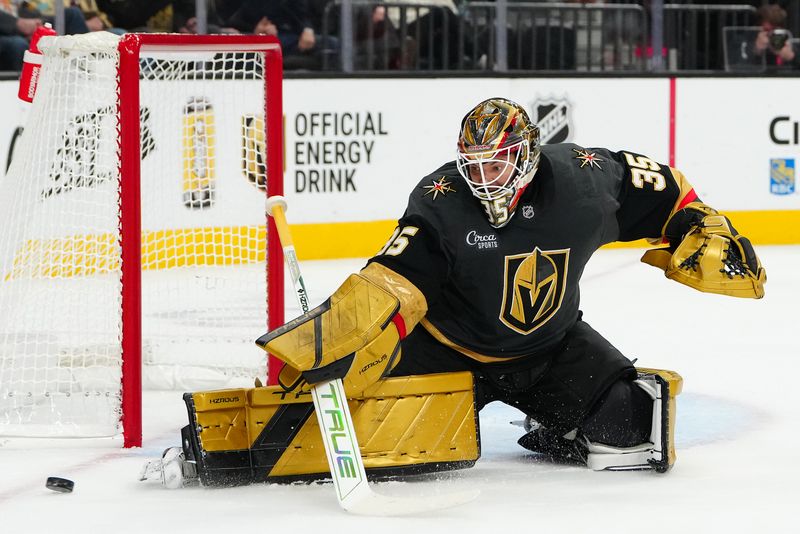 Oct 13, 2024; Las Vegas, Nevada, USA; Vegas Golden Knights goaltender Ilya Samsonov (35) makes a save against the Anaheim Ducks during the third period at T-Mobile Arena. Mandatory Credit: Stephen R. Sylvanie-Imagn Images