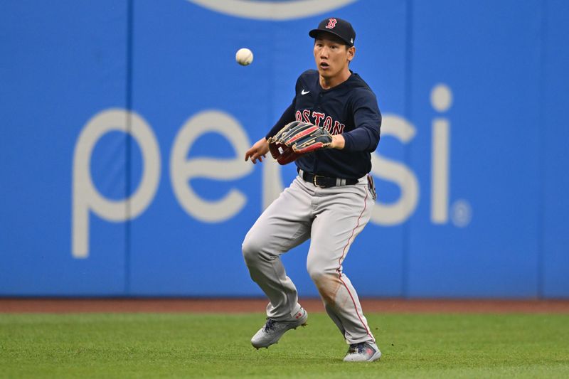 Jun 6, 2023; Cleveland, Ohio, USA; Boston Red Sox left fielder Masataka Yoshida (7) fields a single hit by Cleveland Guardians first baseman Josh Naylor (not pictured) during the fifth inning at Progressive Field. Mandatory Credit: Ken Blaze-USA TODAY Sports