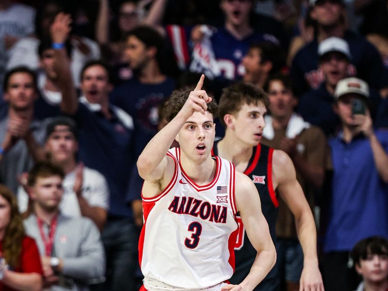 Feb 26, 2025; Tucson, Arizona, USA; Arizona Wildcats guard Anthony Dell’Orso (3) points after he makes a three pointer during the first half against the Utah Utes at McKale Center. Mandatory Credit: Aryanna Frank-Imagn Images