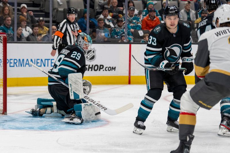 Feb 19, 2024; San Jose, California, USA; San Jose Sharks goalie Mackenzie Blackwood (29) makes a save against the Vegas Golden Knights during the first period at SAP Center at San Jose. Mandatory Credit: Neville E. Guard-USA TODAY Sports