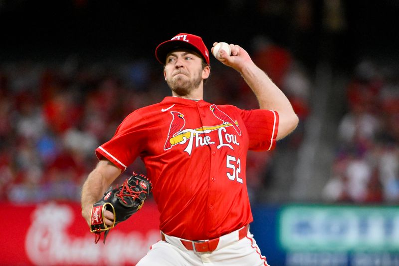 Apr 25, 2025; St. Louis, Missouri, USA;  St. Louis Cardinals starting pitcher Matthew Liberatore (52) pitches against the Milwaukee Brewers during the third inning at Busch Stadium. Mandatory Credit: Jeff Curry-Imagn Images