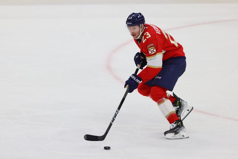 Nov 25, 2024; Sunrise, Florida, USA; Florida Panthers center Carter Verhaeghe (23) moves the puck against the Washington Capitals during the third period at Amerant Bank Arena. Mandatory Credit: Sam Navarro-Imagn Images