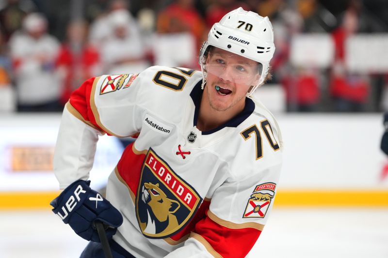 Nov 10, 2025; Las Vegas, Nevada, USA; Florida Panthers center Jesper Boqvist (70) warms up before a game against the Vegas Golden Knights at T-Mobile Arena. Mandatory Credit: Stephen R. Sylvanie-Imagn Images