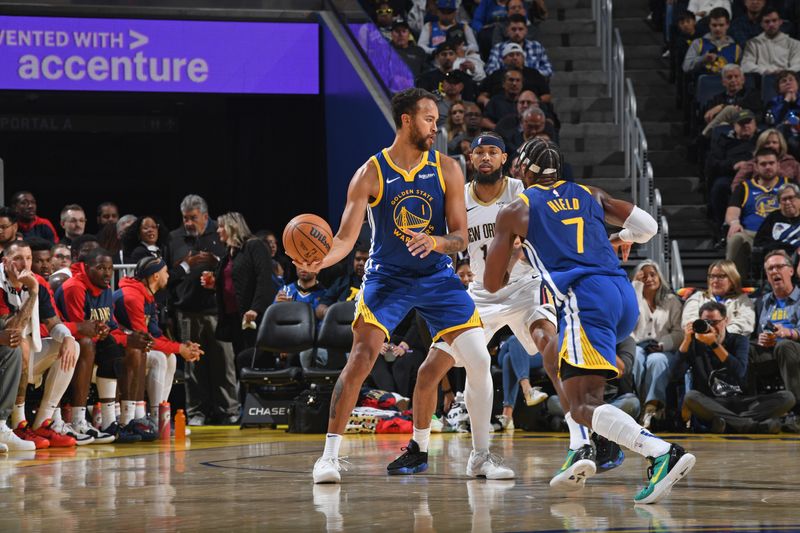 SAN FRANCISCO, CA - OCTOBER 30: Kyle Anderson #1 of the Golden State Warriors looks to pass the ball during the game against the New Orleans Pelicans on October 30, 2024 at Chase Center in San Francisco, California. NOTE TO USER: User expressly acknowledges and agrees that, by downloading and or using this photograph, user is consenting to the terms and conditions of Getty Images License Agreement. Mandatory Copyright Notice: Copyright 2024 NBAE (Photo by Noah Graham/NBAE via Getty Images)