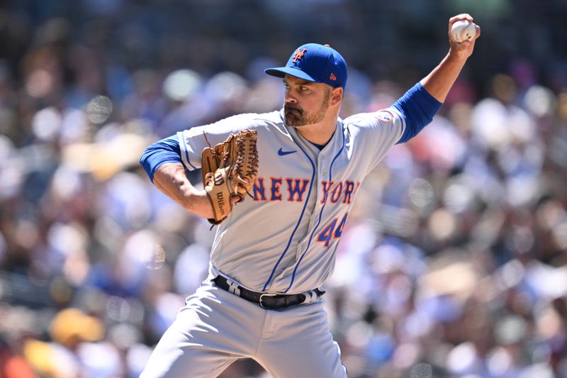 Jul 9, 2023; San Diego, California, USA; New York Mets relief pitcher T.J. McFarland (44) throws a pitch against the San Diego Padres during the sixth inning at Petco Park. Mandatory Credit: Orlando Ramirez-USA TODAY Sports