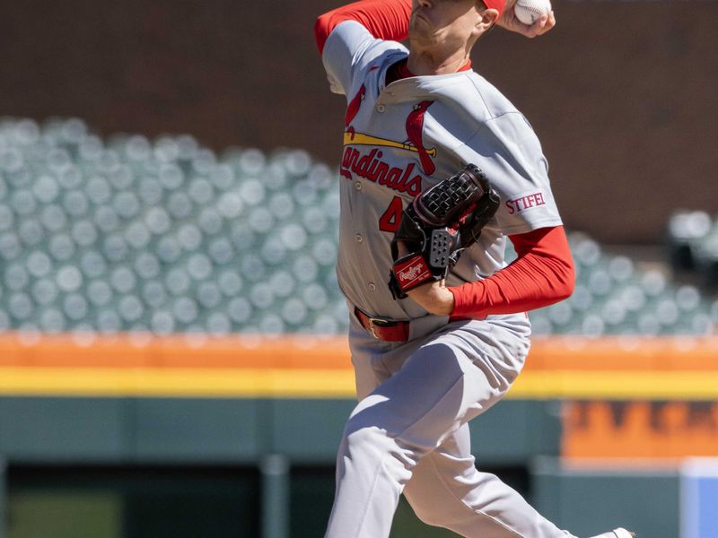 Apr 30, 2024; Detroit, Michigan, USA; St. Louis Cardinals starting pitcher Kyle Gibson (44) delivers in the first inning against the Detroit Tigers at Comerica Park. Mandatory Credit: David Reginek-USA TODAY Sports