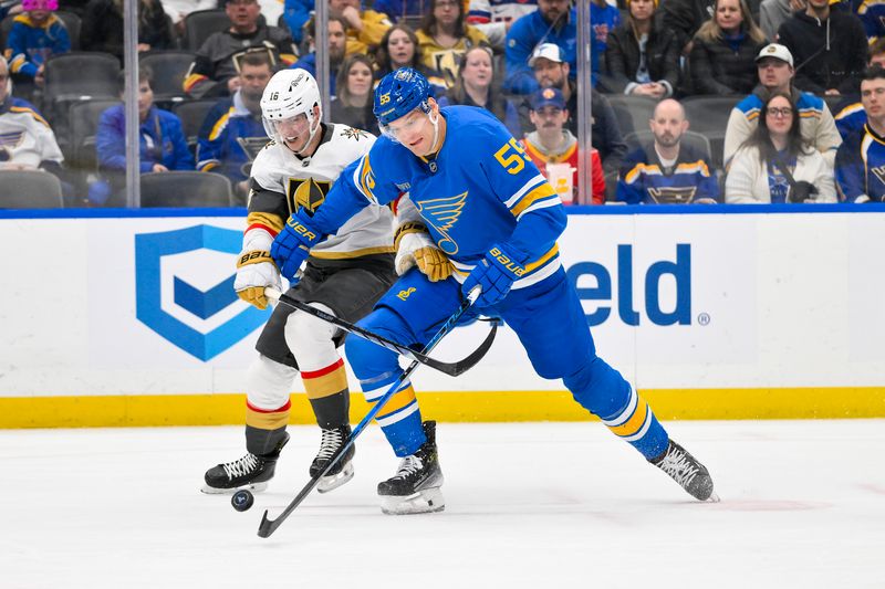 Jan 2, 2026; St. Louis, Missouri, USA; St. Louis Blues defenseman Colton Parayko (55) defends against Vegas Golden Knights right wing Pavel Dorofeyev (16) during the first period at Enterprise Center. Mandatory Credit: Jeff Curry-Imagn Images